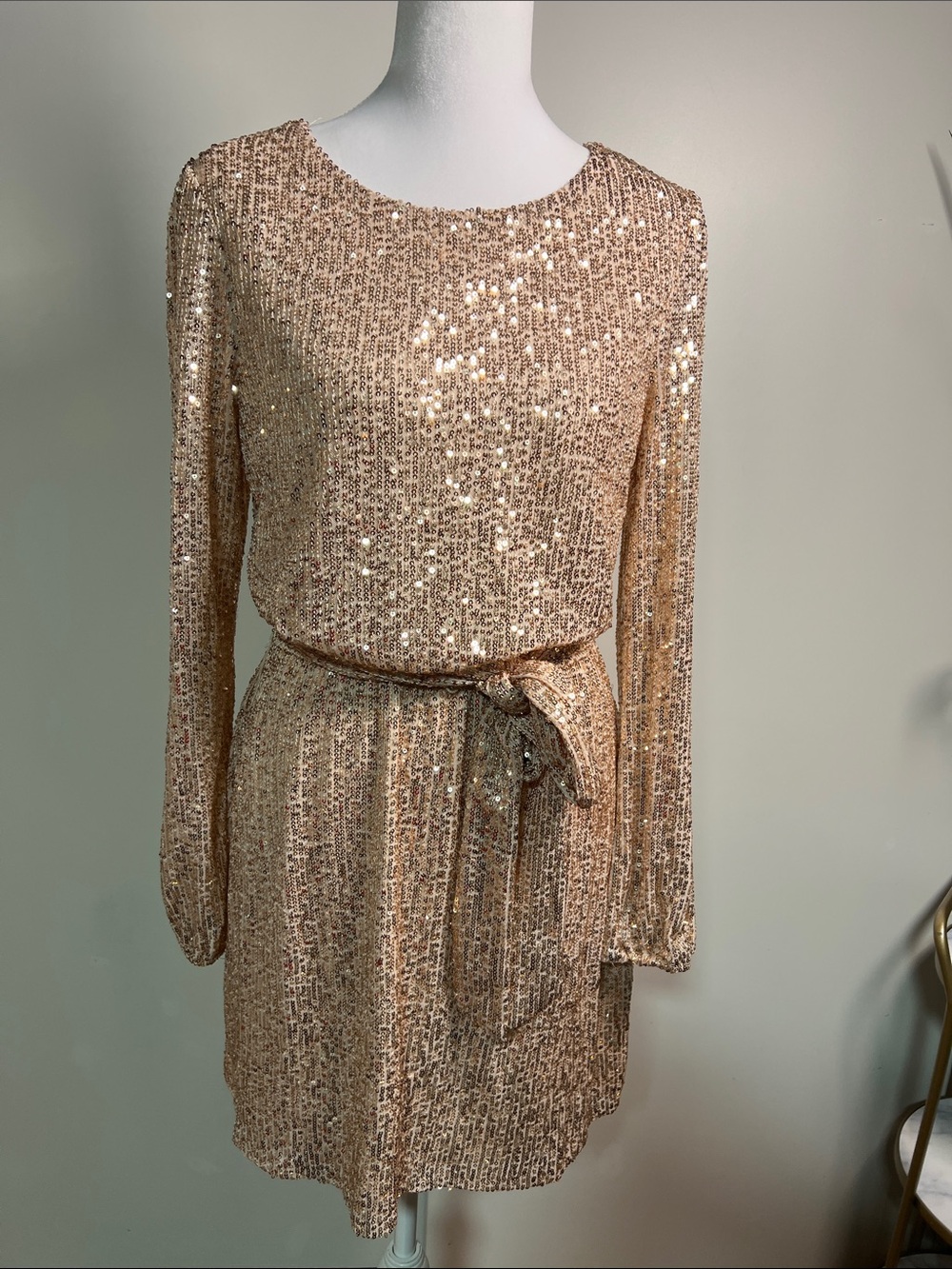 Gold Sequin Long-Sleeve Belted Mini Dress
